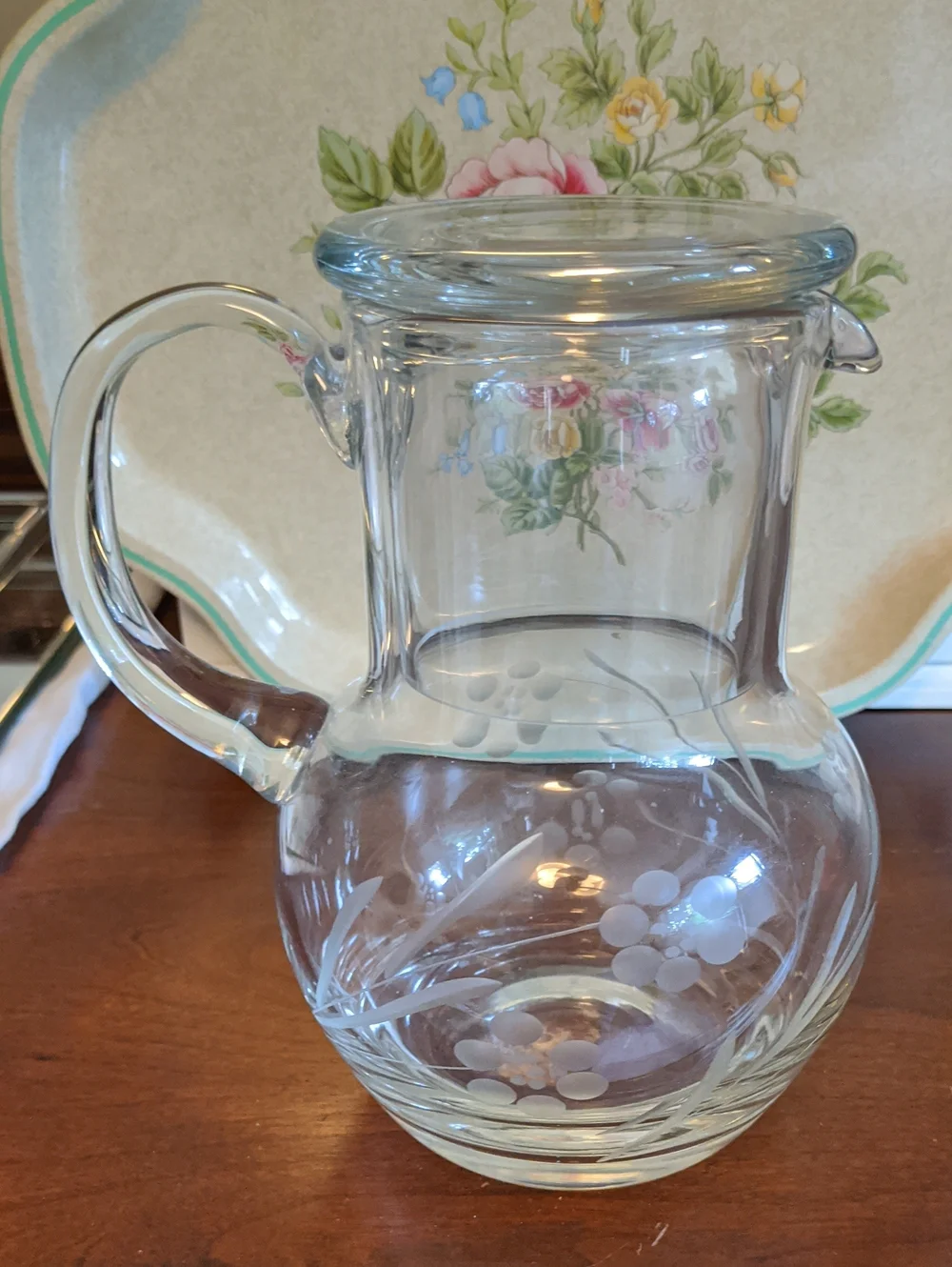 Vintage Floral Etched Glass Water Pitcher With Lid 7 Inches Tall